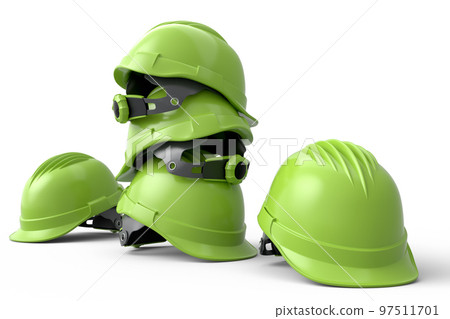 Stack of safety helmets or hard caps for carpentry work on white background 97511701