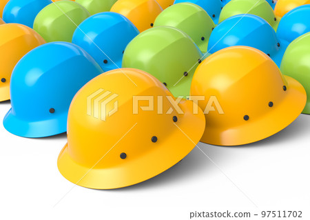 Set of safety helmets or hard caps for carpentry work in row on white background Set of safety helmets or hard caps for carpentry work in row on white background 97511702