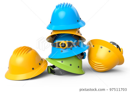 Heap of safety helmets or hard caps for carpentry work on white background Heap of safety helmets or hard caps for carpentry work on white background 97511703