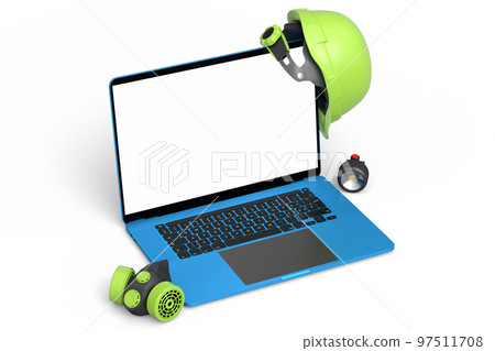 Set of safety helmets or hard caps, respirator and laptop on white background Set of safety helmets or hard caps, respirator and laptop on white background 97511708