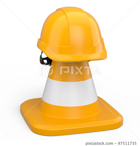 Stack of safety helmets or hard hats and traffic cones on white background Stack of safety helmets or hard hats and traffic cones on white background 97511735