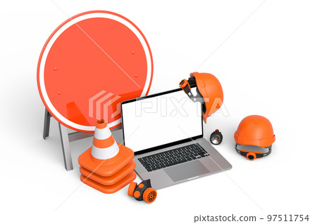 Set of safety helmet or hard hat, road traffic cones and sign near laptop Set of safety helmet or hard hat, road traffic cones and sign near laptop 97511754