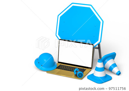 Set of safety helmet or hard hat, road traffic cones and sign near laptop 97511756