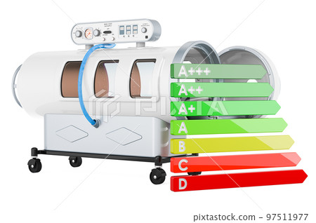 Hyperbaric chamber with energy efficiency chart, 3D rendering Hyperbaric chamber with energy efficiency chart, 3D rendering 97511977
