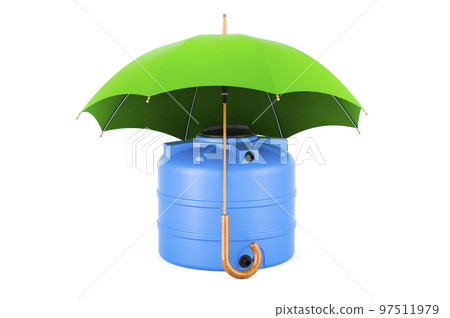 Plastic Water Tank under umbrella, 3D rendering Plastic Water Tank under umbrella, 3D rendering 97511979