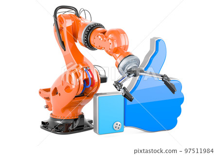 Robotic arm with like icon, 3D rendering 97511984