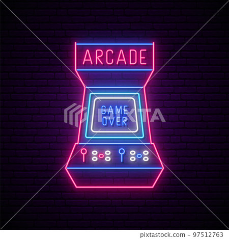 Neon arcade game machine sign. 97512763