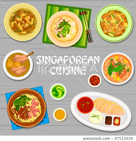 Singaporean cuisine menu cover, Asian food dishes and meals, vector. Singapore cuisine restaurant traditional chicken rice, wontons and seafood noodles soup laksa with pork meat ribs and salads menu Singaporean cuisine menu cover, Asian food dishes and meals, vector. Singapore cuisine restaurant traditional chicken rice, wontons and seafood noodles soup laksa with pork meat ribs and salads menu 97513039