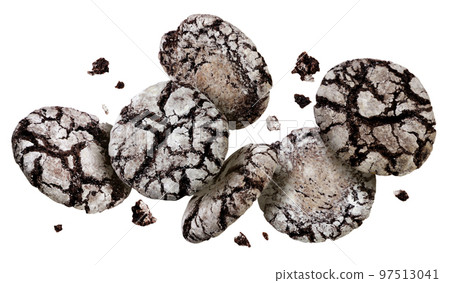 Round chocolate cookie with crumbs flying on a white background. 97513041
