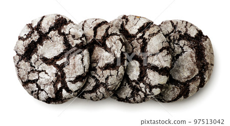 Chocolate chip cookies with cracks on a white background. Top view 97513042