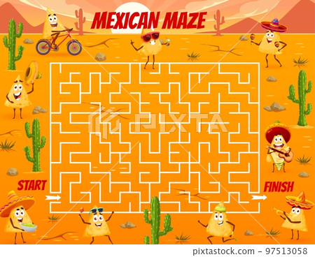 Labyrinth maze game. Mexican nacho chips characters. Kids puzzle vector worksheet, pathfinding riddle or find way quiz with cartoon nachos, sombrero hats, guitar and maracas on desert background Labyrinth maze game. Mexican nacho chips characters. Kids puzzle vector worksheet, pathfinding riddle or find way quiz with cartoon nachos, sombrero hats, guitar and maracas on desert background 97513058