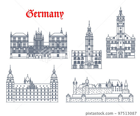 Germany architecture of Altenburg, Gera, Coburg and Aschaffenburg, vector buildings. German landmarks of Thuringia and Bavaria, Rathaus town hall, Veste Fortress, Ehrenburg and Johannisburg castle Germany architecture of Altenburg, Gera, Coburg and Aschaffenburg, vector buildings. German landmarks of Thuringia and Bavaria, Rathaus town hall, Veste Fortress, Ehrenburg and Johannisburg castle 97513087