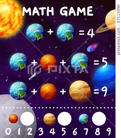 Math game. Cartoon space planets and stars. Children math game, mathematical playing activity or addition task puzzle vector worksheet with Solar system Earth, Mars and Jupiter, Neptune cartoon planet Math game. Cartoon space planets and stars. Children math game, mathematical playing activity or addition task puzzle vector worksheet with Solar system Earth, Mars and Jupiter, Neptune cartoon planet 97513090
