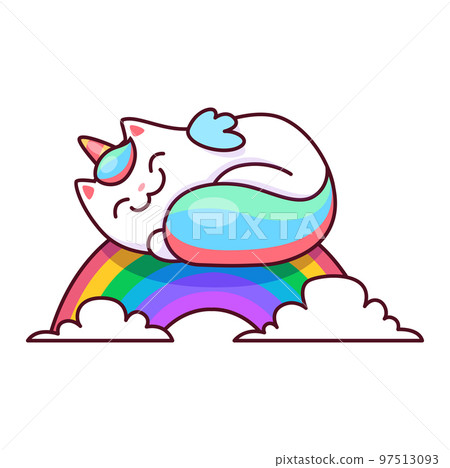 Cartoon cute caticorn character. Vector kawaii unicorn cat sleep on rainbow with white clouds. Funny magic kitty personage with colorful tail, and horn. Happy kitten, fantasy animal 97513093