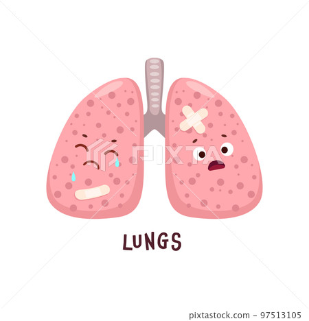 Lungs sick body organ character. Injured and unhealthy organ personage. Human body damage, physiology or medical problem, respiratory system sick and crying lungs organ cartoon personage with patch 97513105