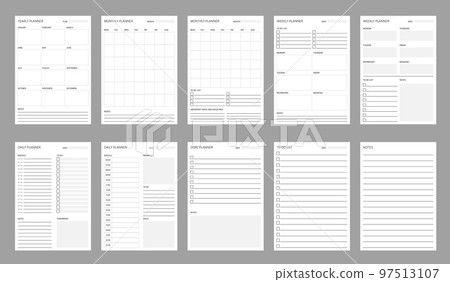 Planner schedule. Time organization and management printable timetable vector templates. Year and month calendar blank schedules, education, work or exercises weekly or daily planners with To Do list 97513107