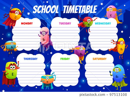 Education timetable schedule. Cartoon cheerful superhero vitamin characters. School lesson daily planner, education classes vector weekly schedule with C, B, E and N, K vitamin hero funny personages 97513108