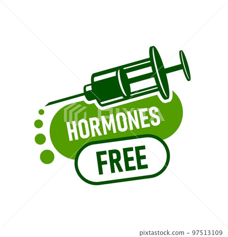 Hormone free icon. Natural food without steroids label or icon, healthy nutrition, no antibiotics vector sign or emblem. Bio safe agriculture product non hormones sticker with syringe Hormone free icon. Natural food without steroids label or icon, healthy nutrition, no antibiotics vector sign or emblem. Bio safe agriculture product non hormones sticker with syringe 97513109