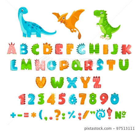 Cartoon dinosaur jurassic font, type or typeface. Dino alphabet letters. Vector letters, numbers and signs of prehistoric dinosaur animals. Funny comic colorful characters set with paws and talons Cartoon dinosaur jurassic font, type or typeface. Dino alphabet letters. Vector letters, numbers and signs of prehistoric dinosaur animals. Funny comic colorful characters set with paws and talons 97513111