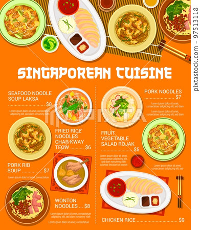 Singaporean cuisine menu, Singapore Asian food, vector rice, chicken and soup noodles dish. Singaporean cuisine traditional wontons or authentic dumplings with seafood laksa, vegetables and pork meat 97513118