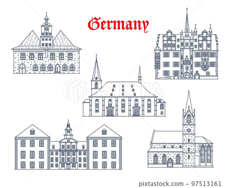 Germany, Jena, Erfurt, Saalfeld city buildings, vector German architecture. Thuringia travel landmarks, Weimar Herderkirche or St Peter and Paul church, Kaufmannskirche, palace and rathaus city hall 97513161