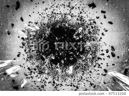 由於爆炸的影響,牆上有一個洞的抽象背景 由於爆炸的影響,牆上有一個洞的抽象背景 97513208