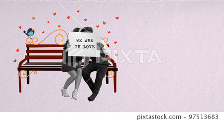 Couple in love sitting on bench and reading newspaper. Creative design for greeting card for Valentine's day holiday. Art collage Couple in love sitting on bench and reading newspaper. Creative design for greeting card for Valentine's day holiday. Art collage 97513683