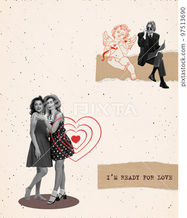 Two beautiful happy girls looking for love. Creative design for Valentine's day holiday. Ideas, art, aspirations, emotions and feelings. Art collage 97513690
