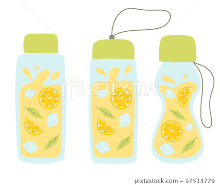 Set of bottles with lemonade. Collection of Cool lemonades with lemon slices, mint and ice. Vector illustration isolated on white background. flat style. 97513779