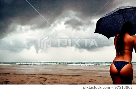 Back view of young woman with sun tanned skin protecting herself from the onset of summer rain with umbrella on sandy beach, made with generative AI Back view of young woman with sun tanned skin protecting herself from the onset of summer rain with umbrella on sandy beach, made with generative AI 97513802