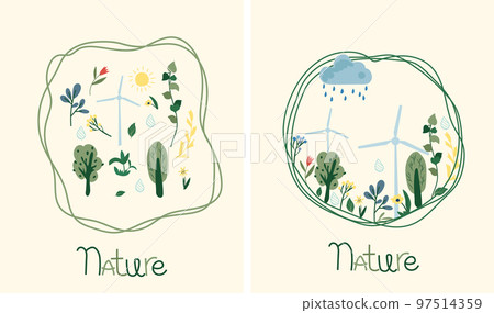 Nature as a source of energy for man. Green planet, care for nature. The concept of ecology, lifestyle, saving the planet. Suitable for social posters, cards, logos, banner. Vector illustration. Nature as a source of energy for man. Green planet, care for nature. The concept of ecology, lifestyle, saving the planet. Suitable for social posters, cards, logos, banner. Vector illustration. 97514359