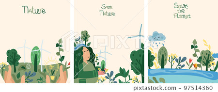 Ecology is a serious problem of humanity. The concept of saving the planet, environmental ecology, lifestyle. Nature as a source of energy. Minimalist illustrations suitable for social posters, cards 97514360