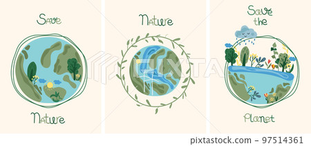 Nature as a source of energy for man. Green planet, care for nature. The concept of ecology, lifestyle, saving the planet. Suitable for social posters, cards, logos, banner. Vector illustration. 97514361