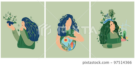 Green planet. People are thinking about how to save the planet. The concept of environmental ecology, land conservation, green energy. Suitable for social posters, cards, logos, banner. Vector 97514366
