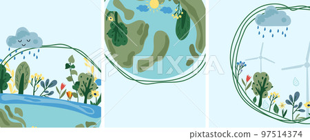 Ecology is a serious problem of humanity. The concept of saving the planet, environmental ecology, lifestyle. Nature as a source of energy. Minimalist illustrations suitable for social posters, cards 97514374