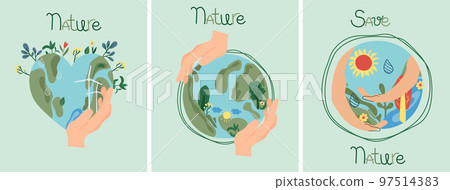 The concept of nature conservation and ecology. Nature as a source of energy for man. Planet earth in the hands of man. Green planet, earth day. Suitable for social posters, cards, logos, banner. The concept of nature conservation and ecology. Nature as a source of energy for man. Planet earth in the hands of man. Green planet, earth day. Suitable for social posters, cards, logos, banner. 97514383
