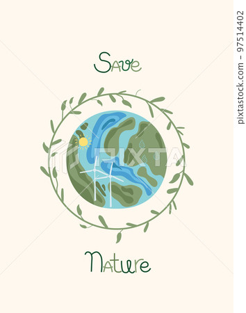 Nature as a source of energy for man. Green planet, care for nature. The concept of ecology, lifestyle, saving the planet. Suitable for social posters, cards, logos, banner. Vector illustration. 97514402