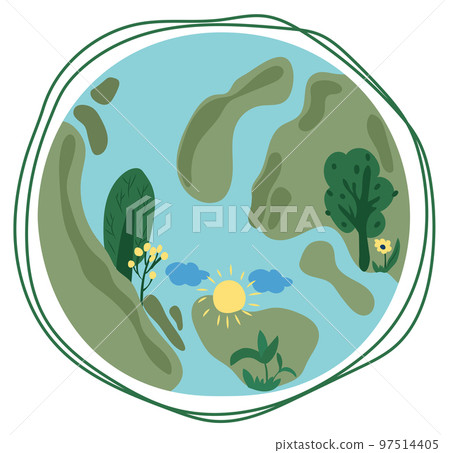 Nature as a source of energy for man. Green planet, care for nature. The concept of ecology, lifestyle, saving the planet. Suitable for social posters, cards, logos, banner. Vector illustration. Nature as a source of energy for man. Green planet, care for nature. The concept of ecology, lifestyle, saving the planet. Suitable for social posters, cards, logos, banner. Vector illustration. 97514405
