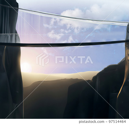 Abstract image of fragile suspension bridge over deep gorge with the sun rising behind the mountains, made with genearative AI Abstract image of fragile suspension bridge over deep gorge with the sun rising behind the mountains, made with genearative AI 97514464