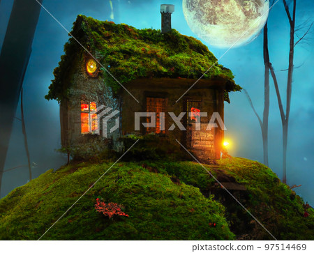 Unreal wooden house with lighted windows on top of round hill covered with moss in front of night sky with white moon, made with genearative AI 97514469