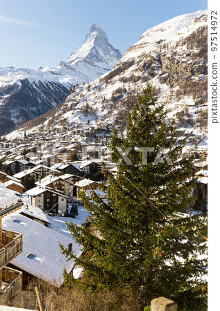 View of the Matterhorn during the day in winter. Zermatt, Switzerland View of the Matterhorn during the day in winter. Zermatt, Switzerland 97514972