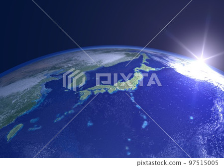 地球,日本列島,特寫,太陽,早晨的太陽(3DCG 圖像) 地球,日本列島,特寫,太陽,早晨的太陽(3DCG 圖像) 97515005