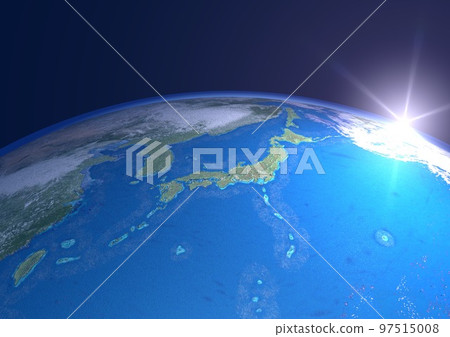 地球,日本列島,向上,藍色,太陽,朝陽(3DCG 圖像) 地球,日本列島,向上,藍色,太陽,朝陽(3DCG 圖像) 97515008