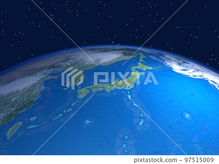 地球，日本列島，特寫，藍色，背景中的星蟻（3DCG 圖像） 97515009