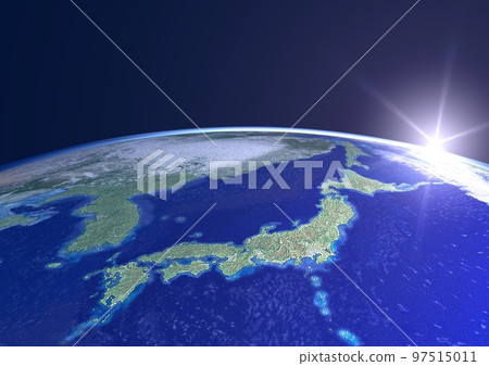 地球,日本列島,特寫,太陽,早晨的太陽(3DCG 圖像) 地球,日本列島,特寫,太陽,早晨的太陽(3DCG 圖像) 97515011