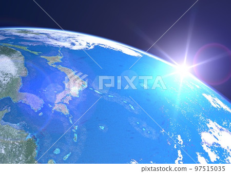 Earth, Japanese archipelago, up, blue, sun, morning sun (3DCG image) Earth, Japanese archipelago, up, blue, sun, morning sun (3DCG image) 97515035