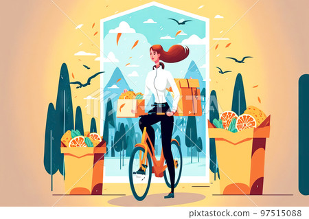 Courier on bicycle delivering parcel to customer's home food delivery 97515088