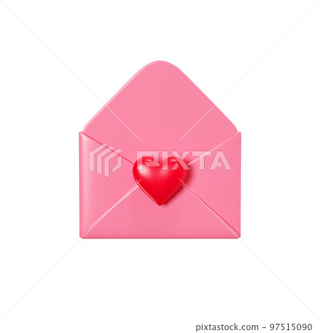 Love letter 3d render - open pink envelope with red heart decoration isolated on white. 97515090