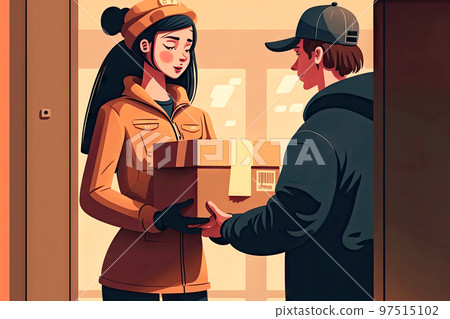 Receiving parcel in box from courier food delivery Receiving parcel in box from courier food delivery 97515102