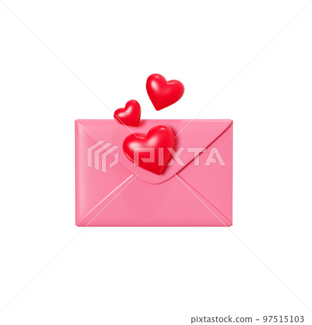 Love letter 3d render - closed pink envelope with red heart decoration isolated on white. 97515103